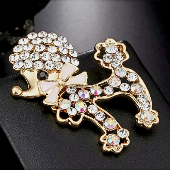 New 18k gold plated crystal poodle bow necklace/brooch - Picture 7 of 16